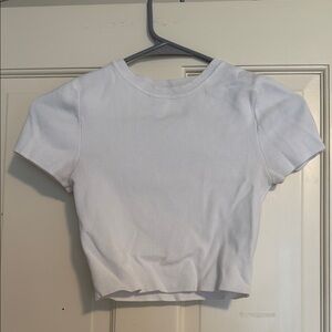 Zara White Ribbed Short Sleeve Crop Top size s